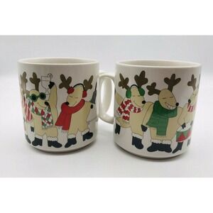 Vtg Holiday Mugs Dancing Reindeer Coffee Cup Burdines Dept Store